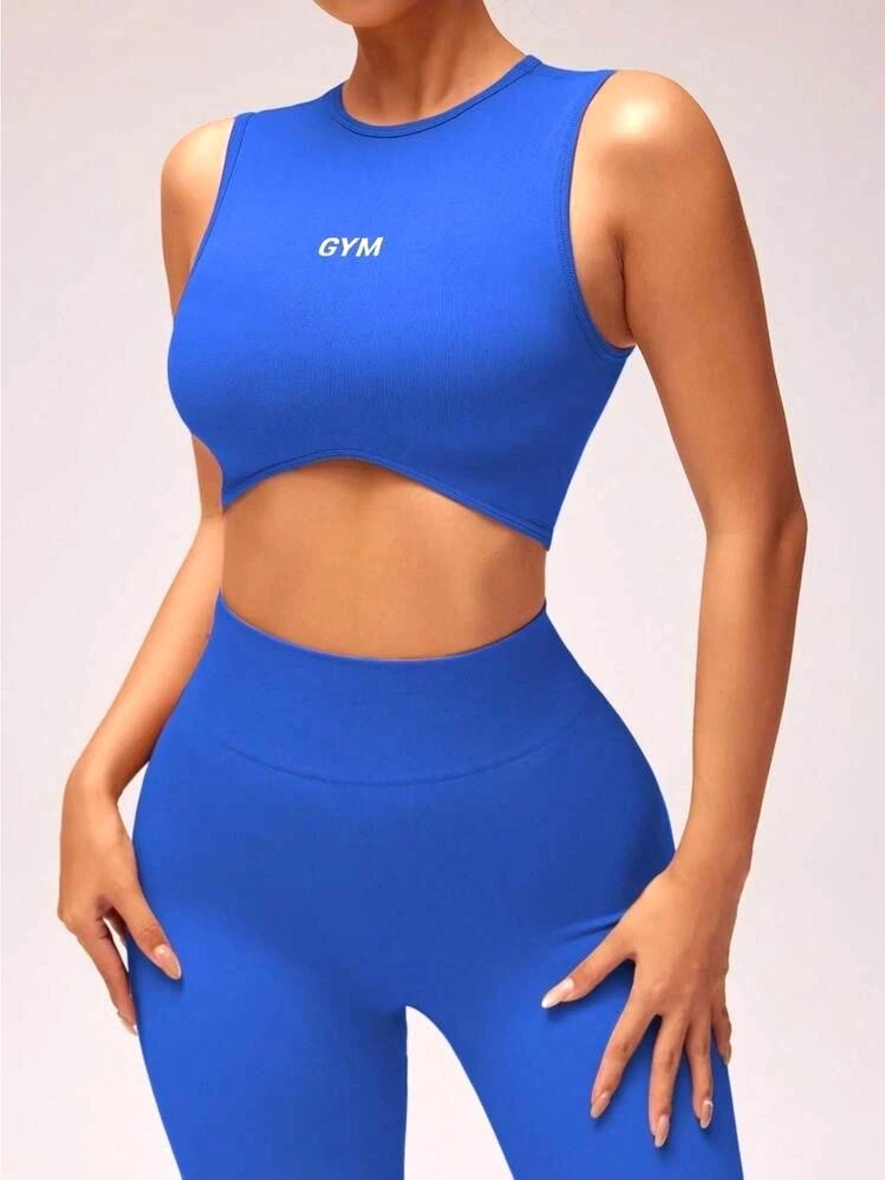 Blue Ribbed 2pc Activewear Set Crew Neck Tank & Leggings Stretch M